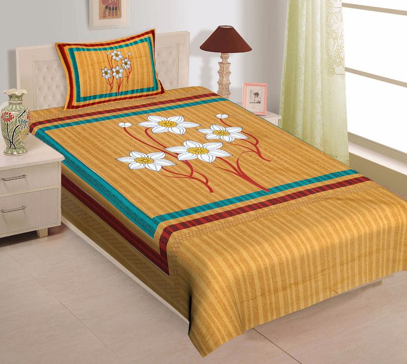 Monik Handicrafts 104 TC Cotton Single Floral Flat Bedsheet  (Pack of 1, Yellow)