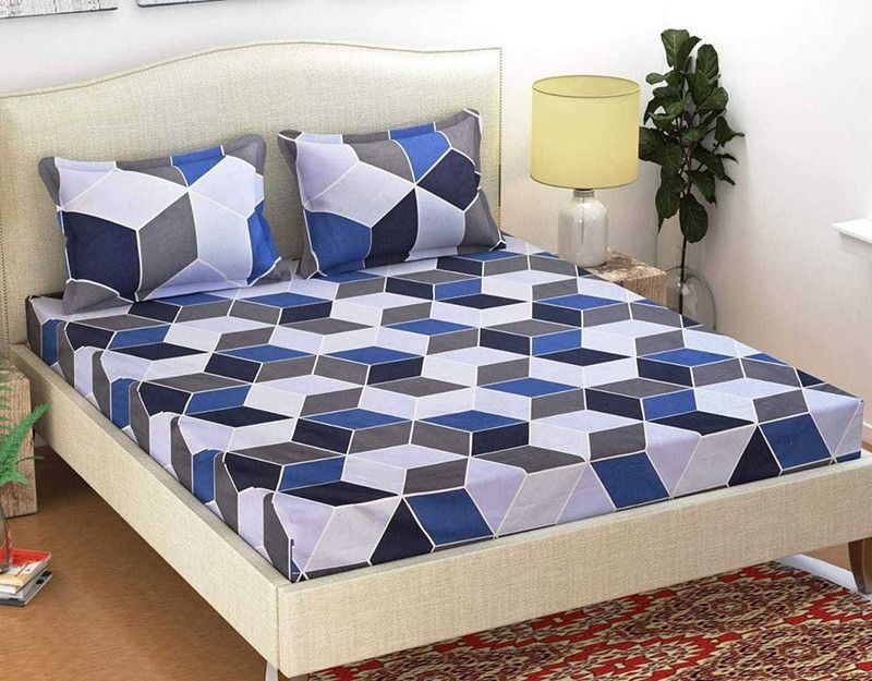 White Flower 180 TC Cotton King Geometric Fitted (Elastic) Bedsheet  (Pack of 1, Elasto-Fit tricolor)