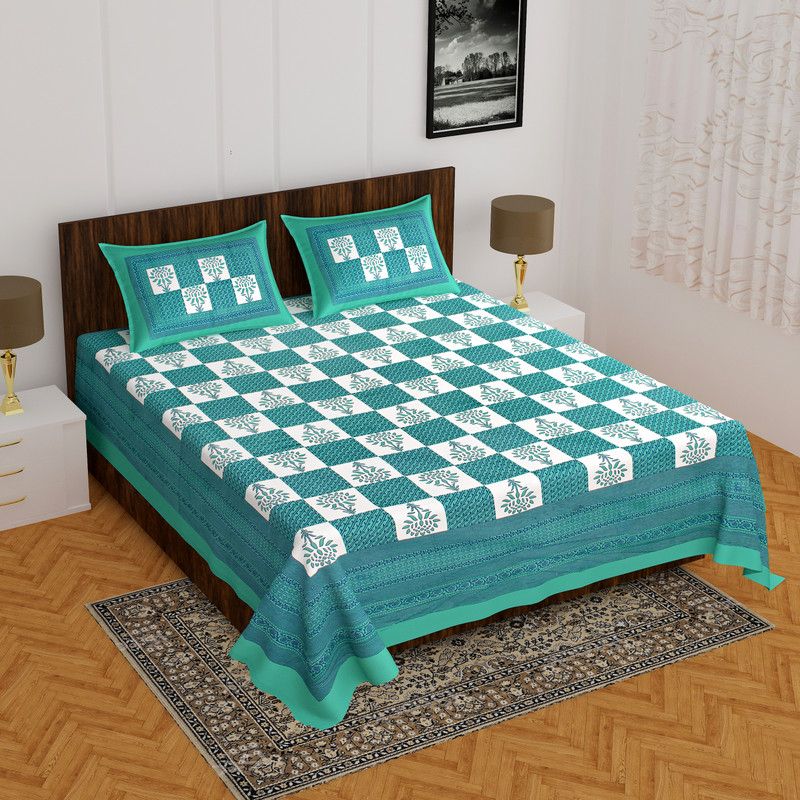 E ELMA 144 TC Cotton Double Checkered Flat Bedsheet  (Pack of 1, Blue)