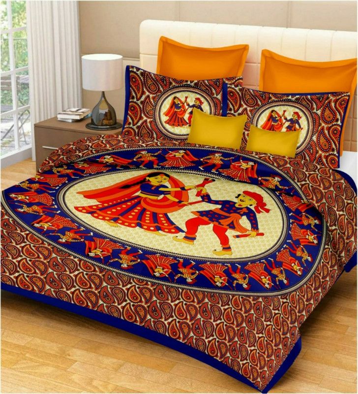 Fashion Point 151 TC Cotton Double Jaipuri Prints Flat Bedsheet  (Pack of 1, Blue)