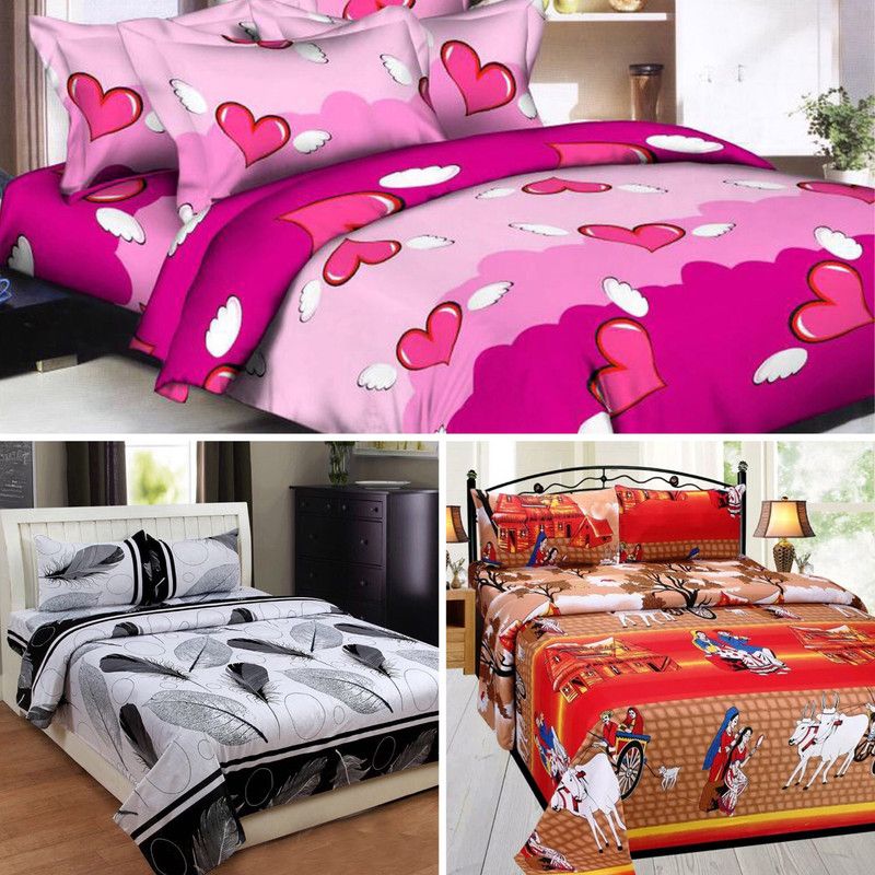 Skytex 120 TC Polycotton Double 3D Printed Flat Bedsheet  (Pack of 3, Multicolor)