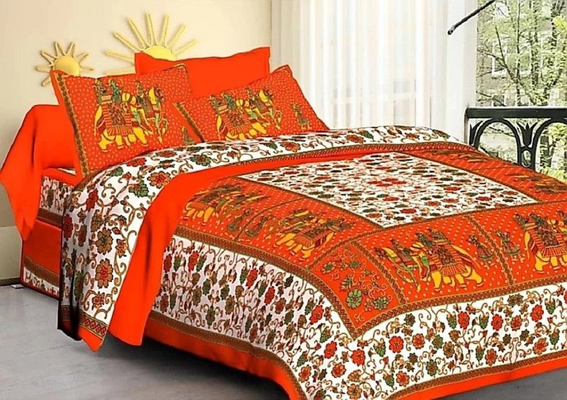 Fashion Cottage 150 TC Cotton Double Jaipuri Prints Flat Bedsheet  (Pack of 1, Orange)