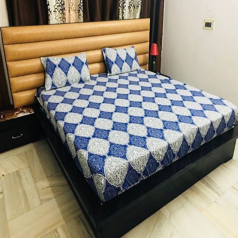 HomeStore-YEP 350 TC Cotton King Floral Fitted (Elastic) Bedsheet  (Pack of 1, Blue)