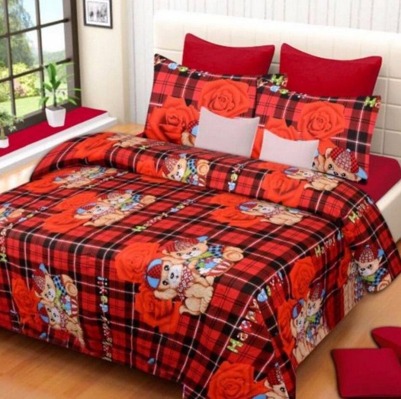 Globe Rudra 144 TC Microfiber Double 3D Printed Flat Bedsheet  (Pack of 1, Red)