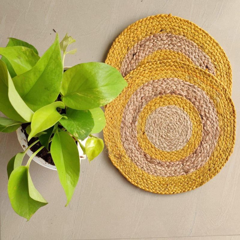 Jasmey Round Pack of 2 Table Placemat  (Yellow, Jute)