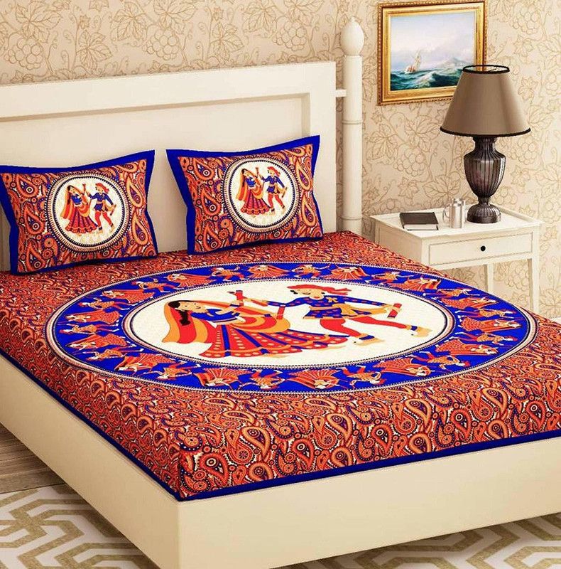 Hrida Fabrics 151 TC Cotton Double Printed Flat Bedsheet  (Pack of 1, Blue)