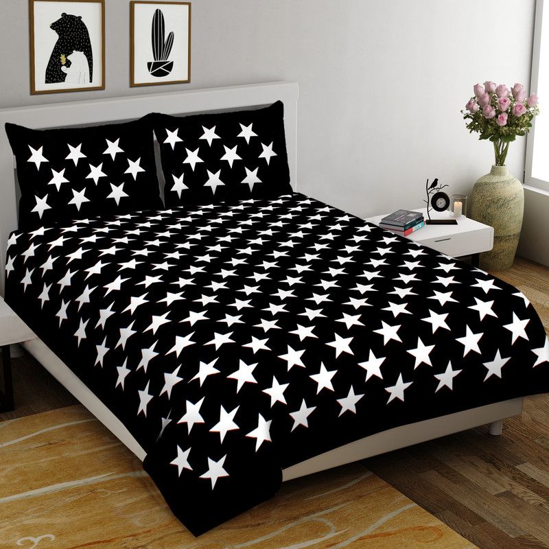 RAJDEVI JAIPUR PRINTS 351 TC Cotton, Cotton Double, King 3D Printed Flat Bedsheet  (Pack of 1, White, black)
