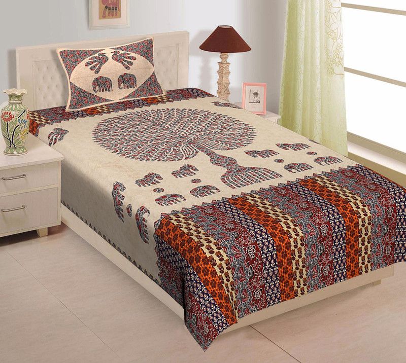 Vermillion Designs 230 TC Cotton Single Printed Flat Bedsheet  (Pack of 1, Multicolor)