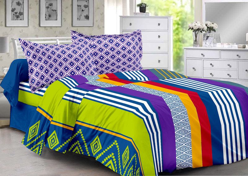 Welhous Cotton Double Striped Flat Bedsheet  (Pack of 1, Blue)