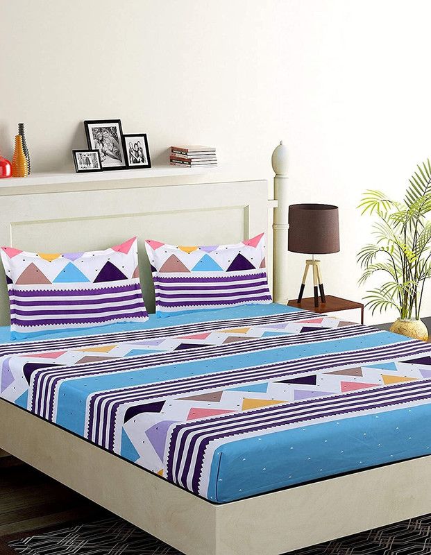 Rvans Creations 210 TC Microfiber King Geometric Fitted (Elastic) Bedsheet  (Pack of 1, Blue)