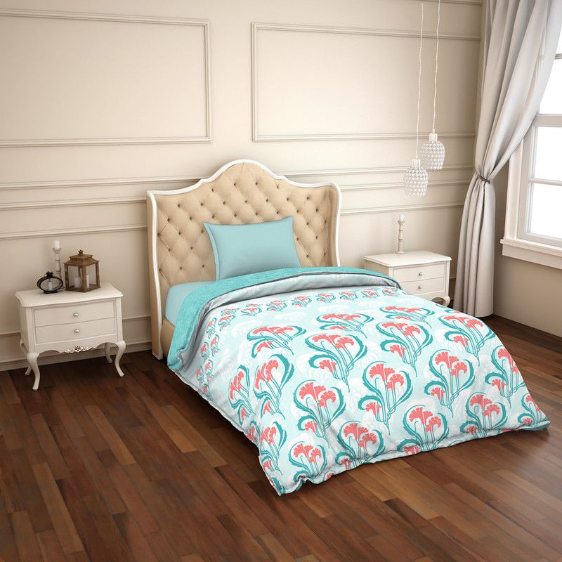 SPACES Abstract Single Comforter for AC Room  (Cotton, Teal)