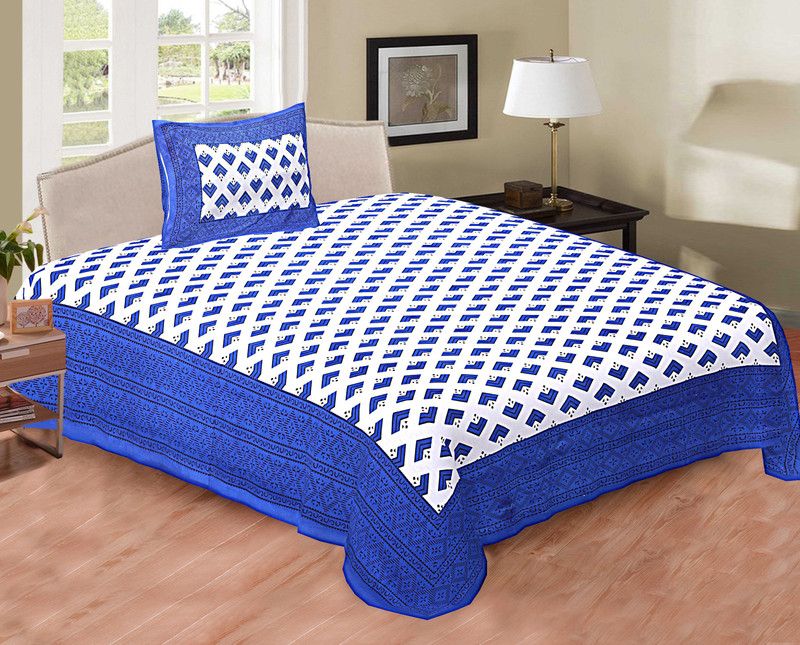 Shopoj 144 TC Cotton Single Jaipuri Prints Flat Bedsheet  (Pack of 1, Blue)