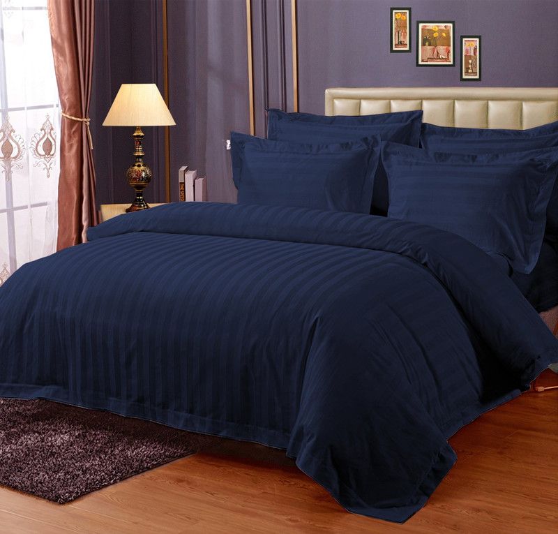 enchant home 250 TC Cotton King Striped Flat Bedsheet  (Pack of 1, Navy Blue)