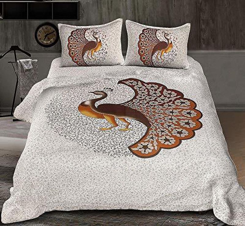 SKHD 144 TC Cotton Double Printed Flat Bedsheet  (Pack of 1, White)