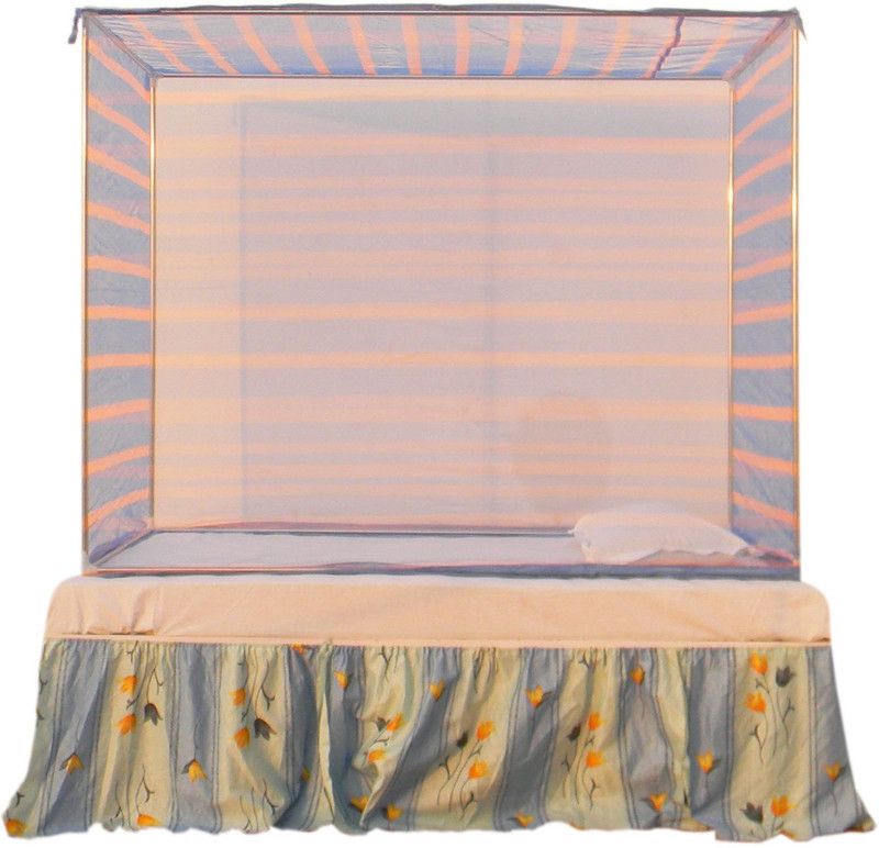 Homecute Nylon Adults Washable SE104 Nylon strip check Simple Single Bed Mosquito Net 6 X 4 ft Mosquito Net  (Blue, Frame Hung)
