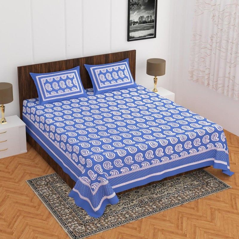 RAWAKA FASHION 260 TC Cotton Double Printed Flat Bedsheet  (Pack of 1, Blue)