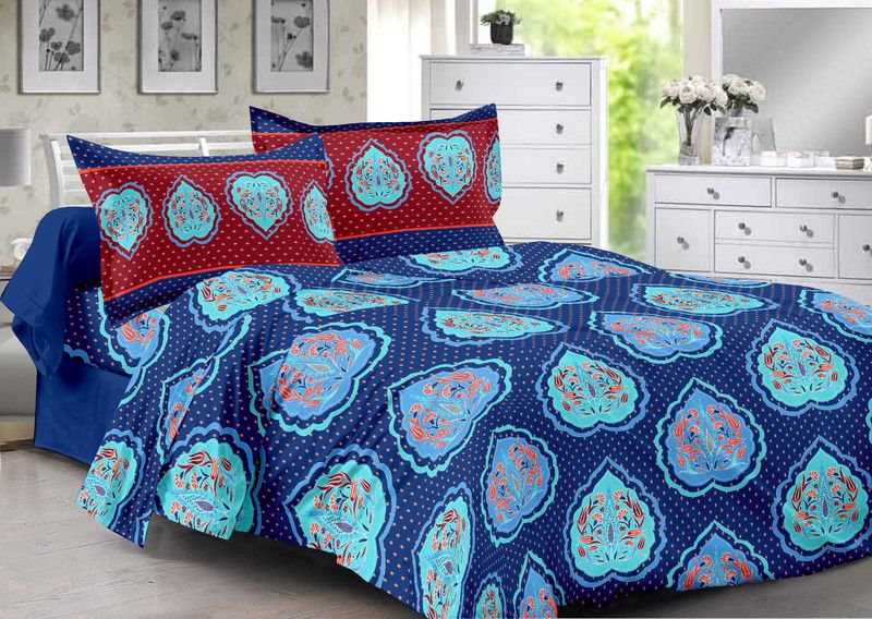 Welhous Cotton Double Floral Flat Bedsheet  (Pack of 1, Blue)