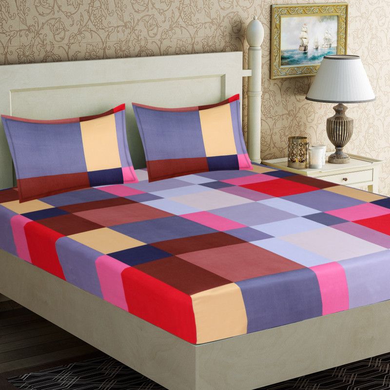 Flipkart SmartBuy 160 TC Microfiber Double Checkered Flat Bedsheet  (Pack of 1, Multicolor)