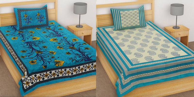 TANIKA - Belives in best quality 152 TC Cotton Single Printed Flat Bedsheet  (Pack of 2, Blue, Blue)