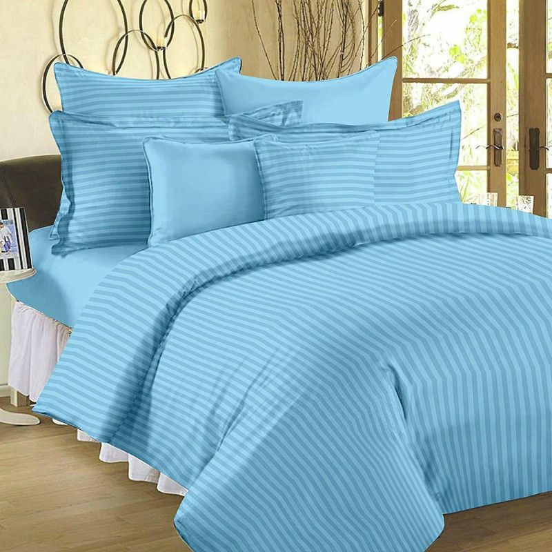 HOMYBEES 250 TC Cotton King Striped Flat Bedsheet  (Pack of 1, SKY BLUE)