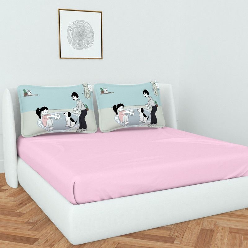 vdc 250 TC Polycotton Double Printed Flat Bedsheet  (Pack of 2, Pink)