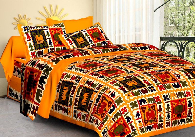 PVB 144 TC Cotton Double Jaipuri Prints Flat Bedsheet  (Pack of 1, Yellow)