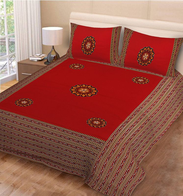 venusia 144 TC Cotton Double Embroidered Flat Bedsheet  (Pack of 1, Multicolor, Red)