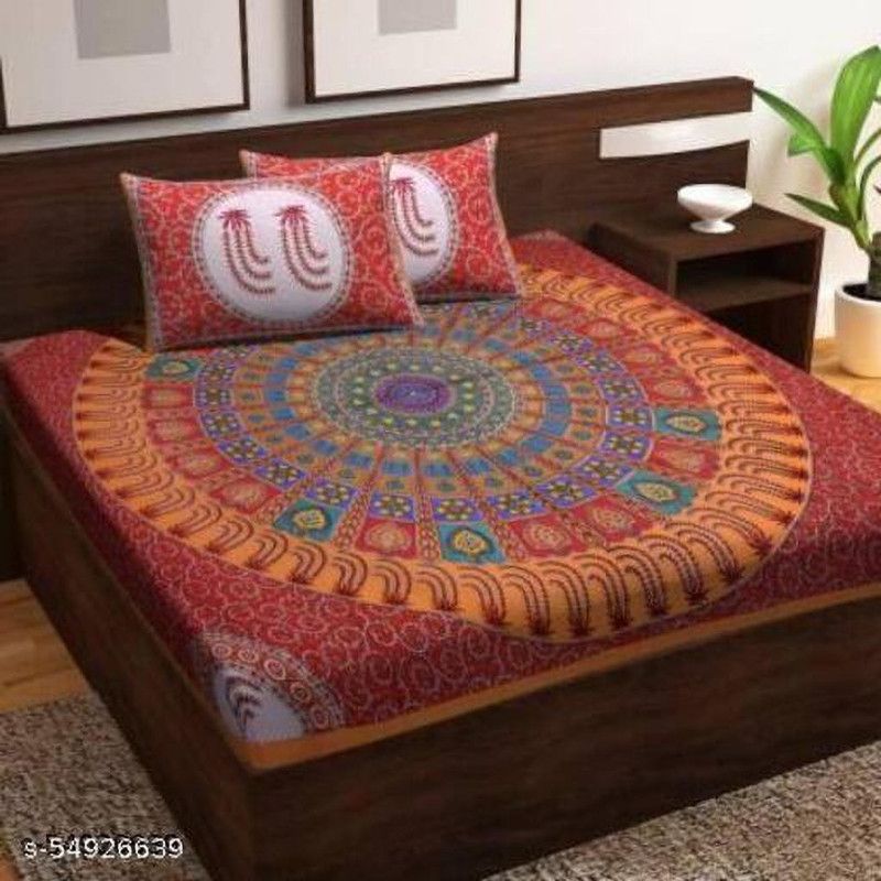 Threads&Treads 144 TC Cotton Double Jaipuri Prints Flat Bedsheet  (Pack of 1, Red)