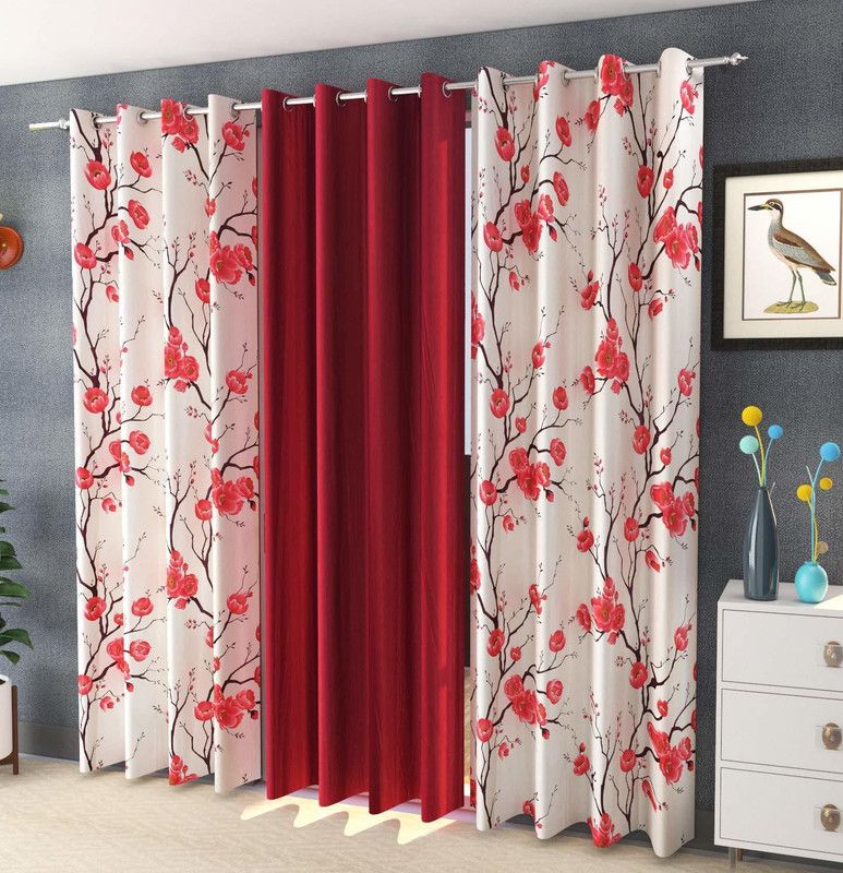 TWIZOR 213 cm (7 ft) Polyester Room Darkening Door Curtain (Pack Of 3)  (Floral, Meroon)