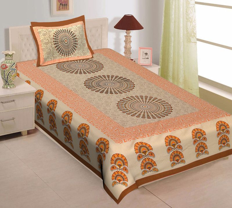 RIYA FABRICS 140 TC Cotton Single Jaipuri Prints Flat Bedsheet  (Pack of 1, Brown)