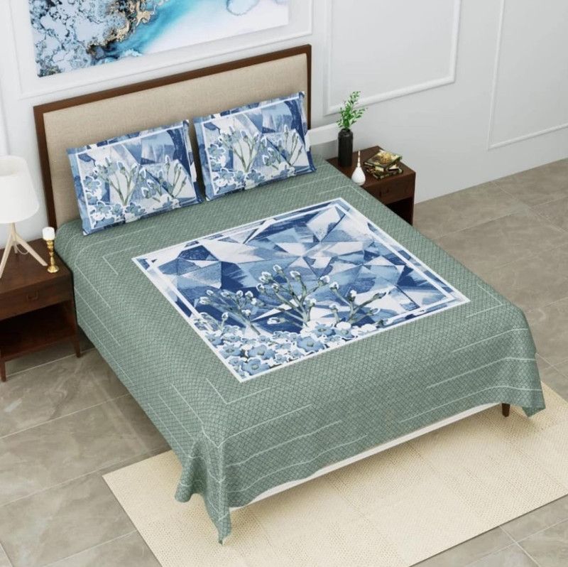 IXORA 240 TC Cotton King, Double Printed Flat Bedsheet  (Pack of 1, Green)