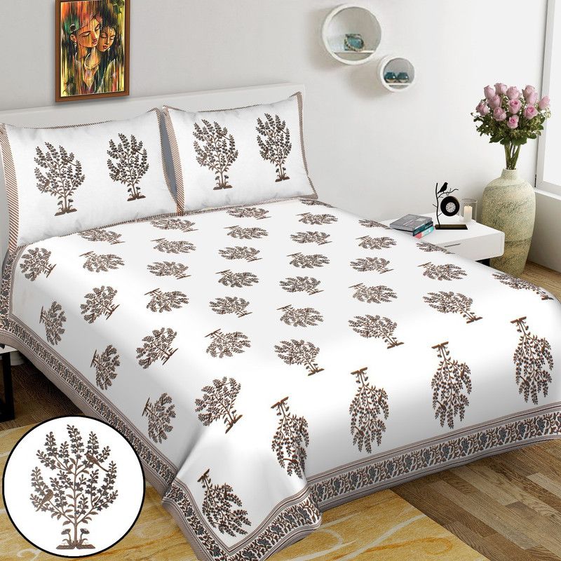 Fecom 144 TC Cotton King Floral Flat Bedsheet  (Pack of 1, Brown, White)