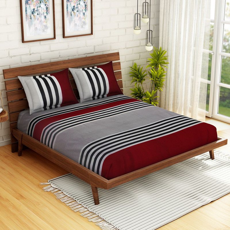 WELHOME 160 TC Microfiber Queen Striped Flat Bedsheet  (Pack of 1, Grey)
