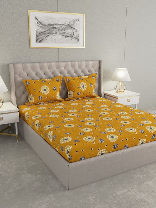 Raymond Home 104 TC Cotton Double Motifs Flat Bedsheet  (Pack of 1, Yellow)