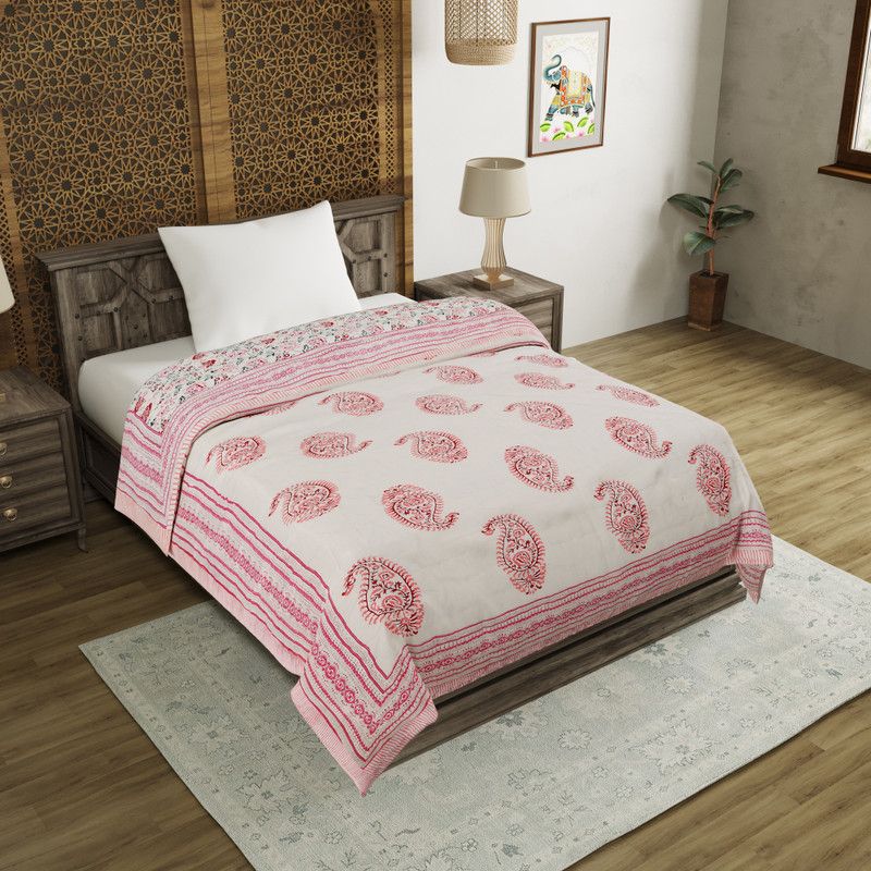 Blocks Of India Paisley Single Quilt for Mild Winter  (Cotton, Pink)