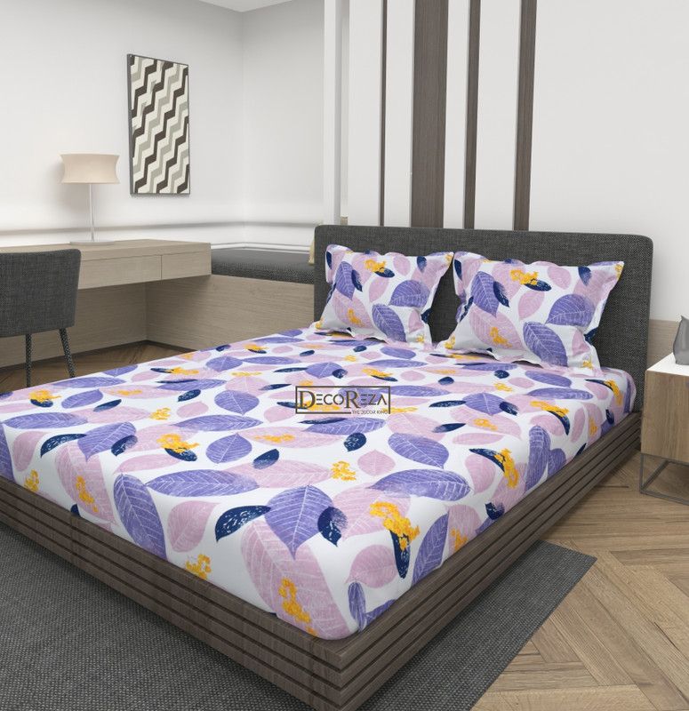 280 TC Cotton Double King Printed Bedsheet  (Pack of 1, Purple White Leaf)