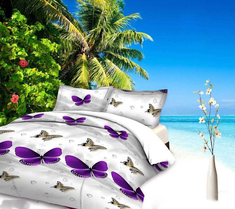 144 TC Polycotton Double Bedsheet  (Pack of 1, White & Purple Butterfly)