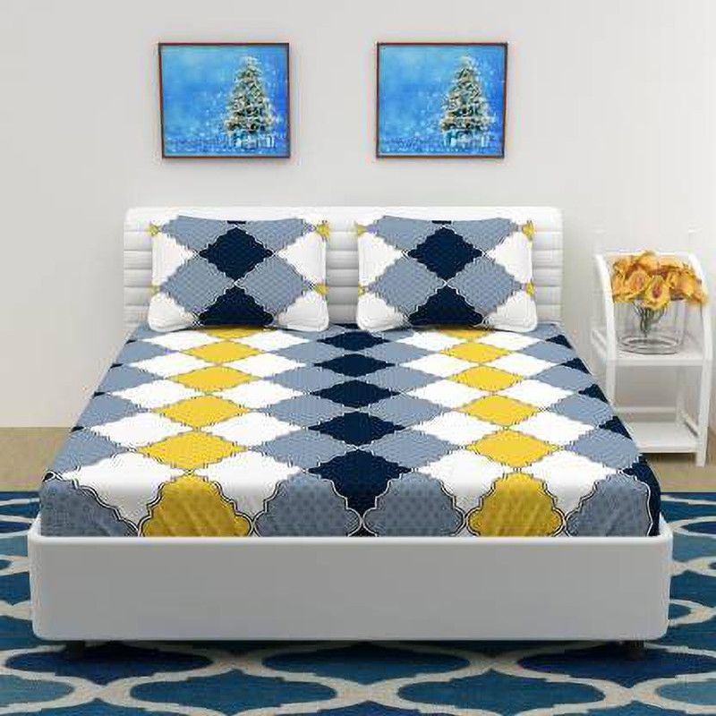 Everlush 180 TC Cotton Double Self Design Flat Bedsheet  (Pack of 1, White and yellow)