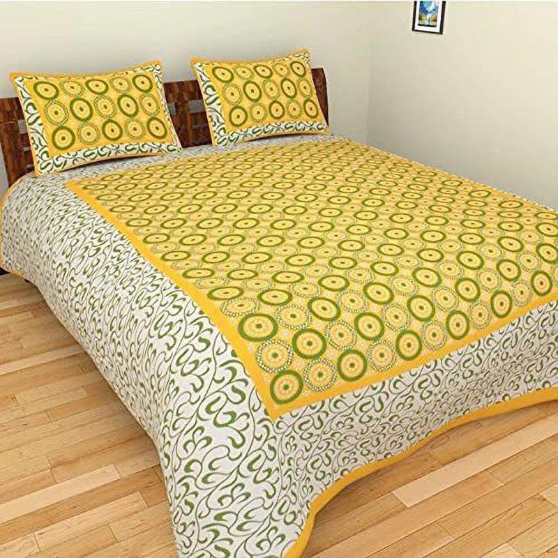 Maulshree 250 TC Cotton Double Jaipuri Prints Flat Bedsheet  (Pack of 1, Yellow 1)
