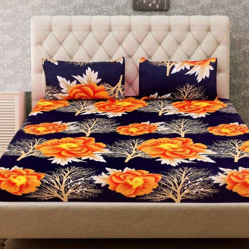 CHAWLA TEXTILE 144 TC Microfiber Double Printed Flat Bedsheet  (Pack of 1, Blue, Orange)