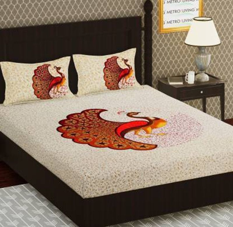K S Decor 210 TC Cotton Double Printed Flat Bedsheet  (Pack of 1, Multicolor)