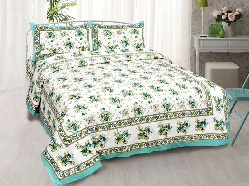 Shri overseas 220 TC Cotton King Jaipuri Prints Flat Bedsheet  (Pack of 1, Green)