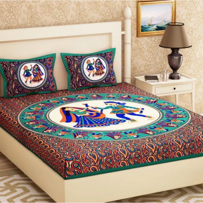 VIKANJALI FAB 104 TC Cotton Double Jaipuri Prints Flat Bedsheet  (Pack of 3, Green)