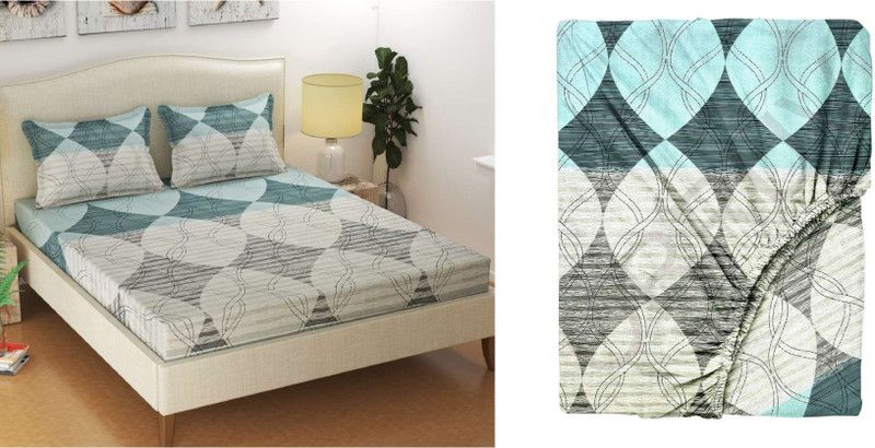 Divpriy 350 TC Cotton King Printed Fitted (Elastic) Bedsheet  (Pack of 1, Light Sky Grey)