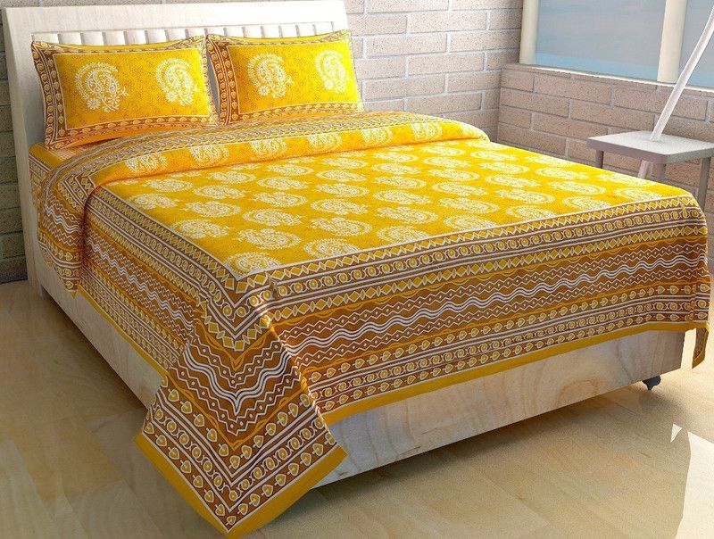 Decormite 143 TC Cotton Queen Floral Flat Bedsheet  (Pack of 1, Yellow)