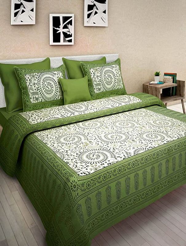 ragns 144 TC Cotton Queen Printed Flat Bedsheet  (Pack of 1, Green)
