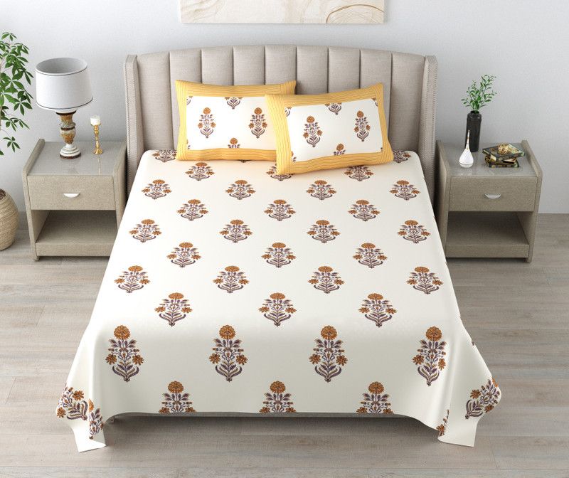 JAIPUR PRIME 300 TC Cotton King Floral Flat Bedsheet  (Pack of 1, Yellow)