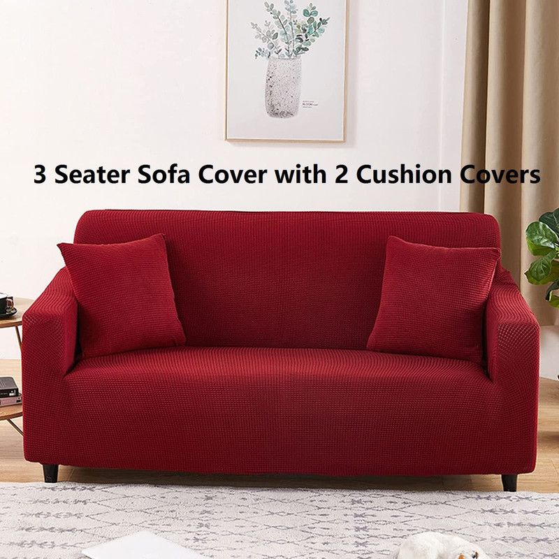 lukzer Polyester Checkered Sofa Cover  (3 Seater Sofa Cover with 2 Cushion Cover (Textured Red Checked) Pack of 1)