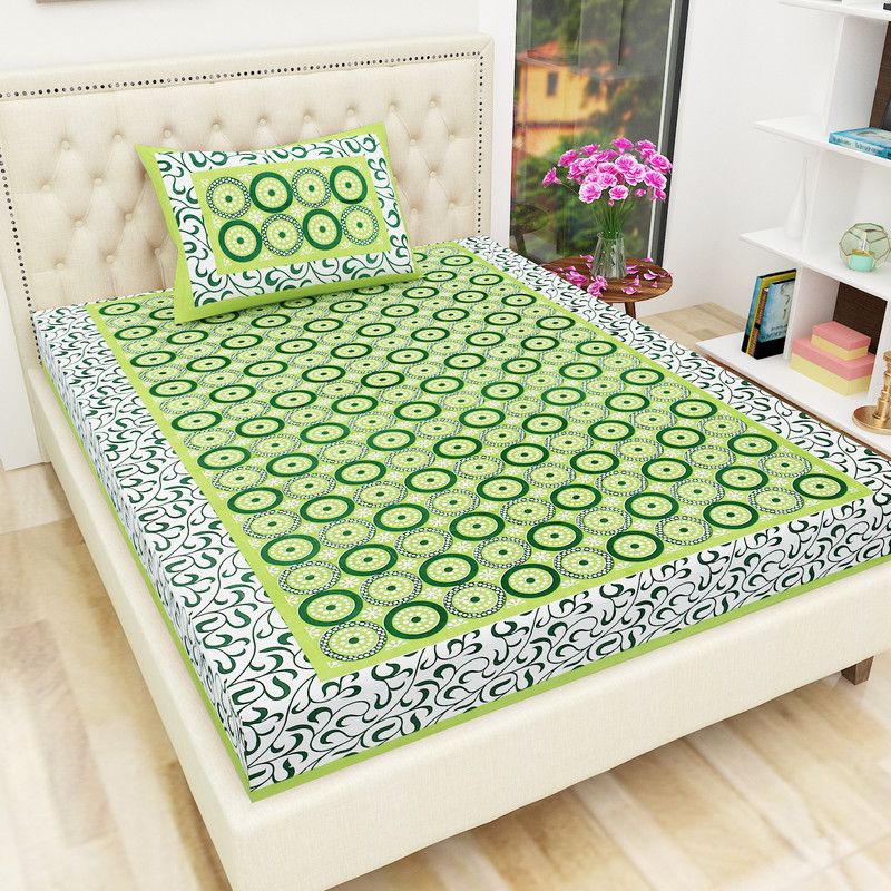 Monik Handicrafts 104 TC Cotton Single Jaipuri Prints Flat Bedsheet  (Pack of 1, Green)