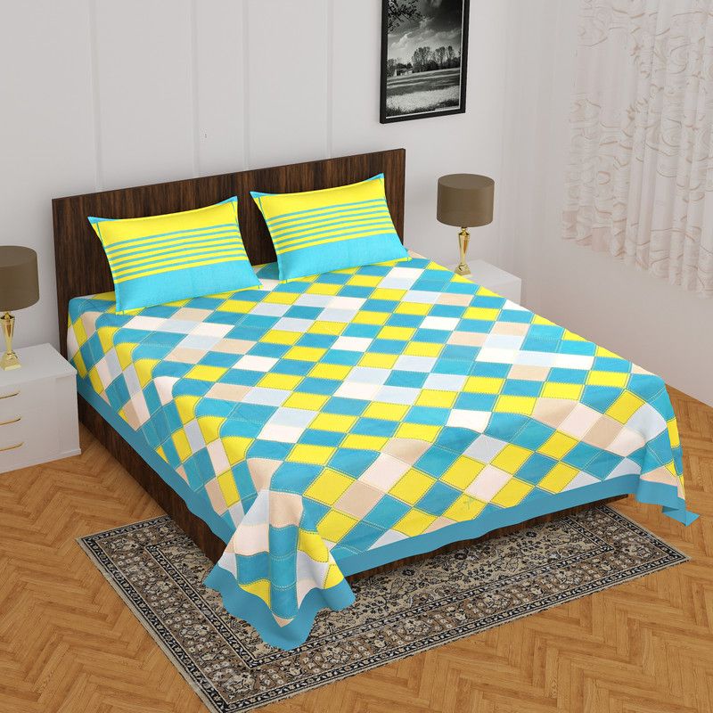 E ELMA 151 TC Cotton Double Checkered Flat Bedsheet  (Pack of 1, Blue)